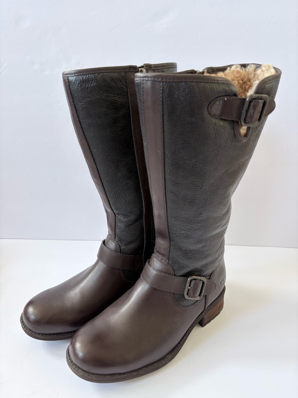 Ugg Chancery Tall Riding brown black Leather Boot‎ Shearling Fur Lined Boot 7.5